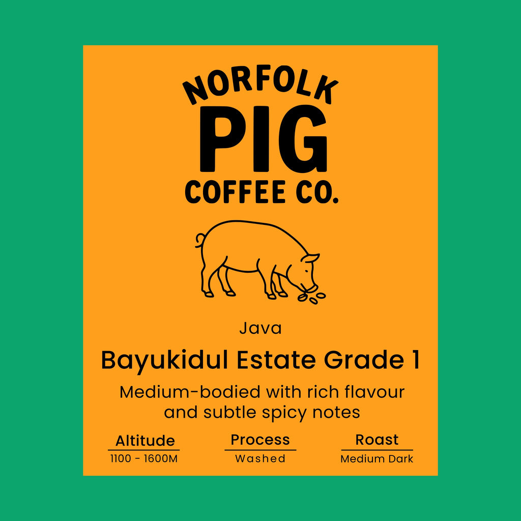 Java Bayukidul Estate Grade 1 coffee label from Norfolk Pig Coffee Co.