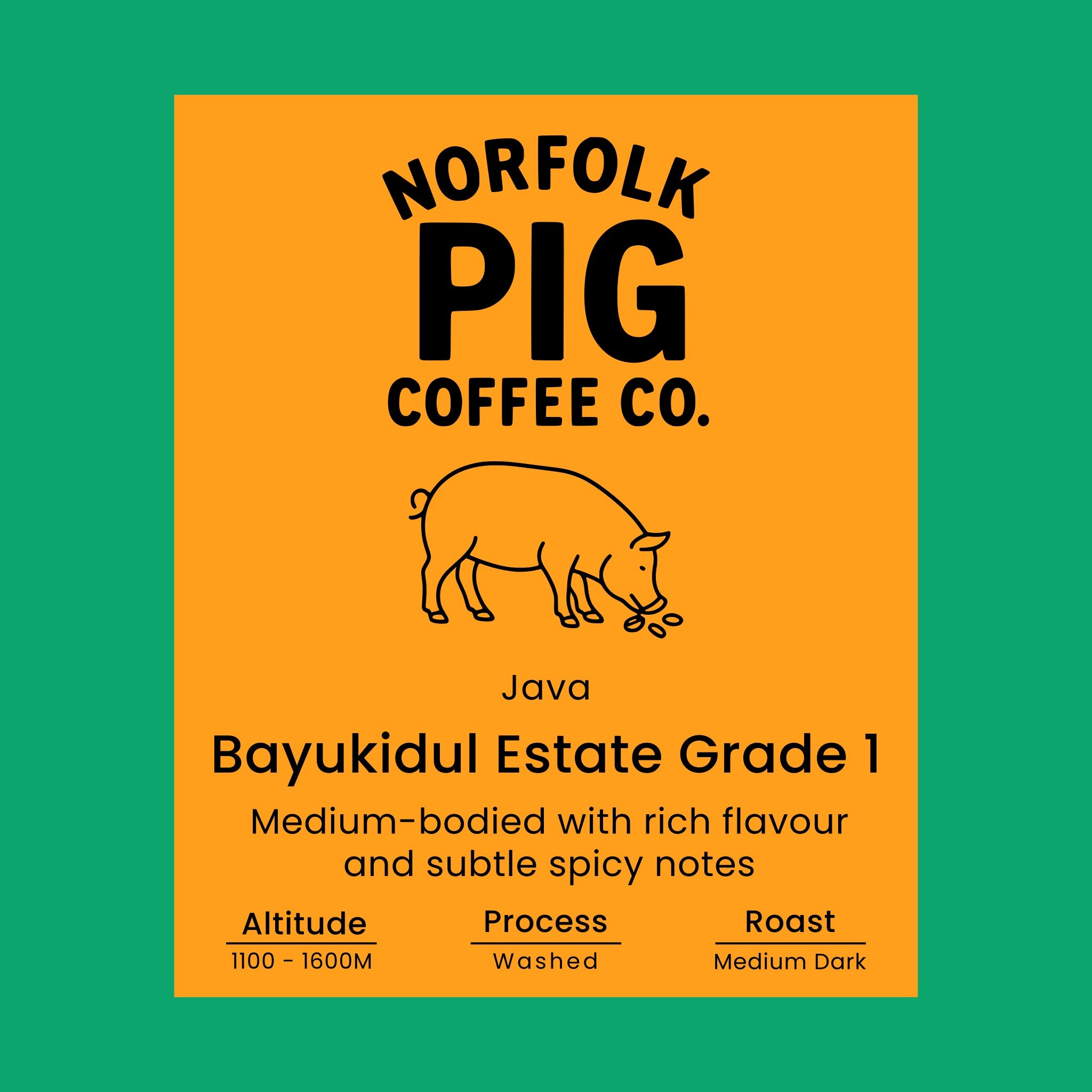 Java Bayukidul Estate Grade 1 coffee label from Norfolk Pig Coffee Co.