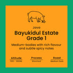 Java Bayukidul Estate Grade 1 coffee label from Norfolk Pig Coffee Co.