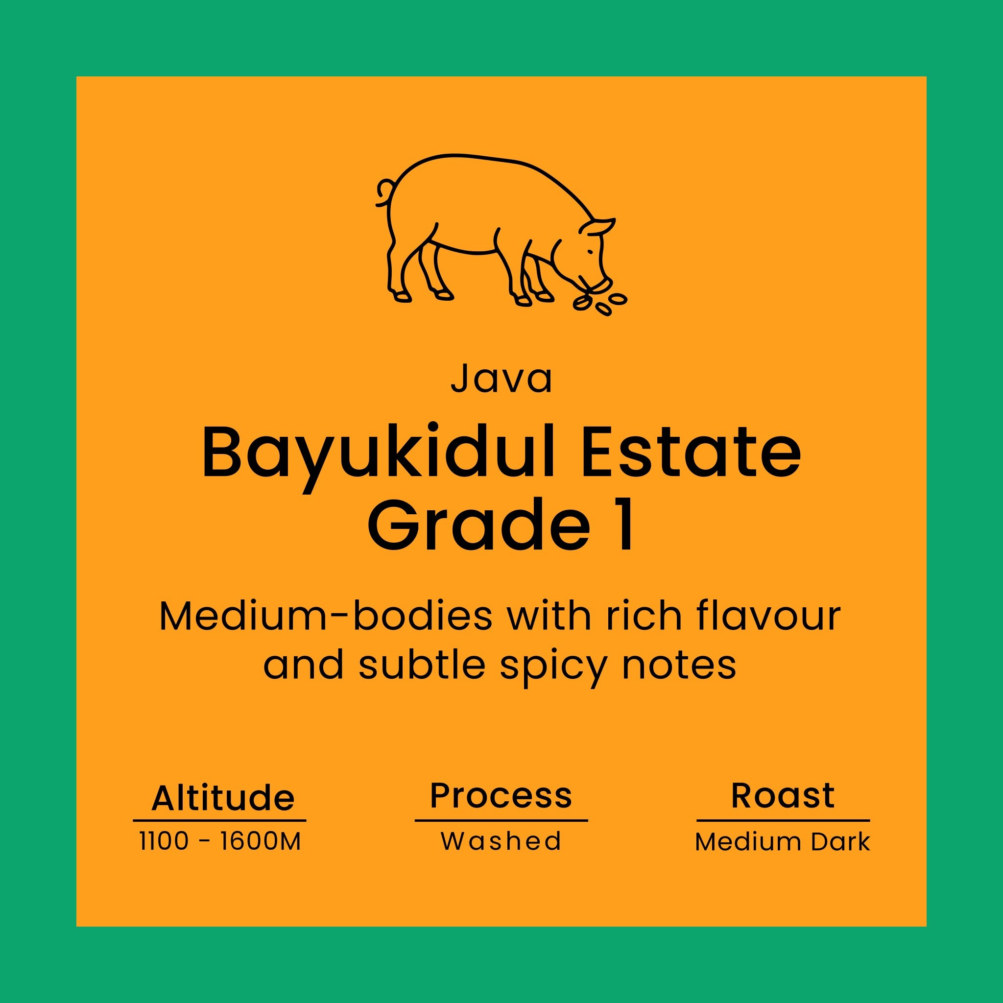 Java Bayukidul Estate Grade 1 coffee label from Norfolk Pig Coffee Co.