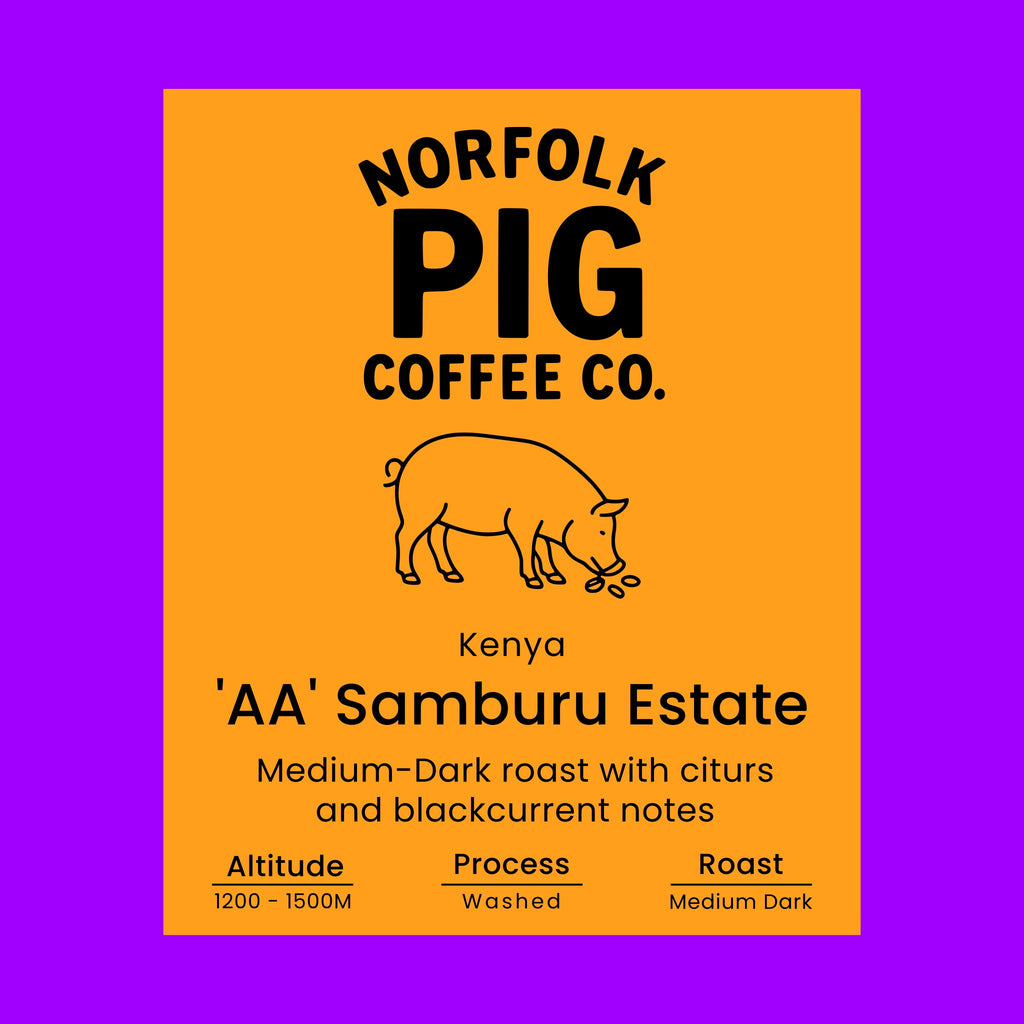Kenya 'AA' Samburu Estate coffee label from Norfolk Pig Coffee Co.