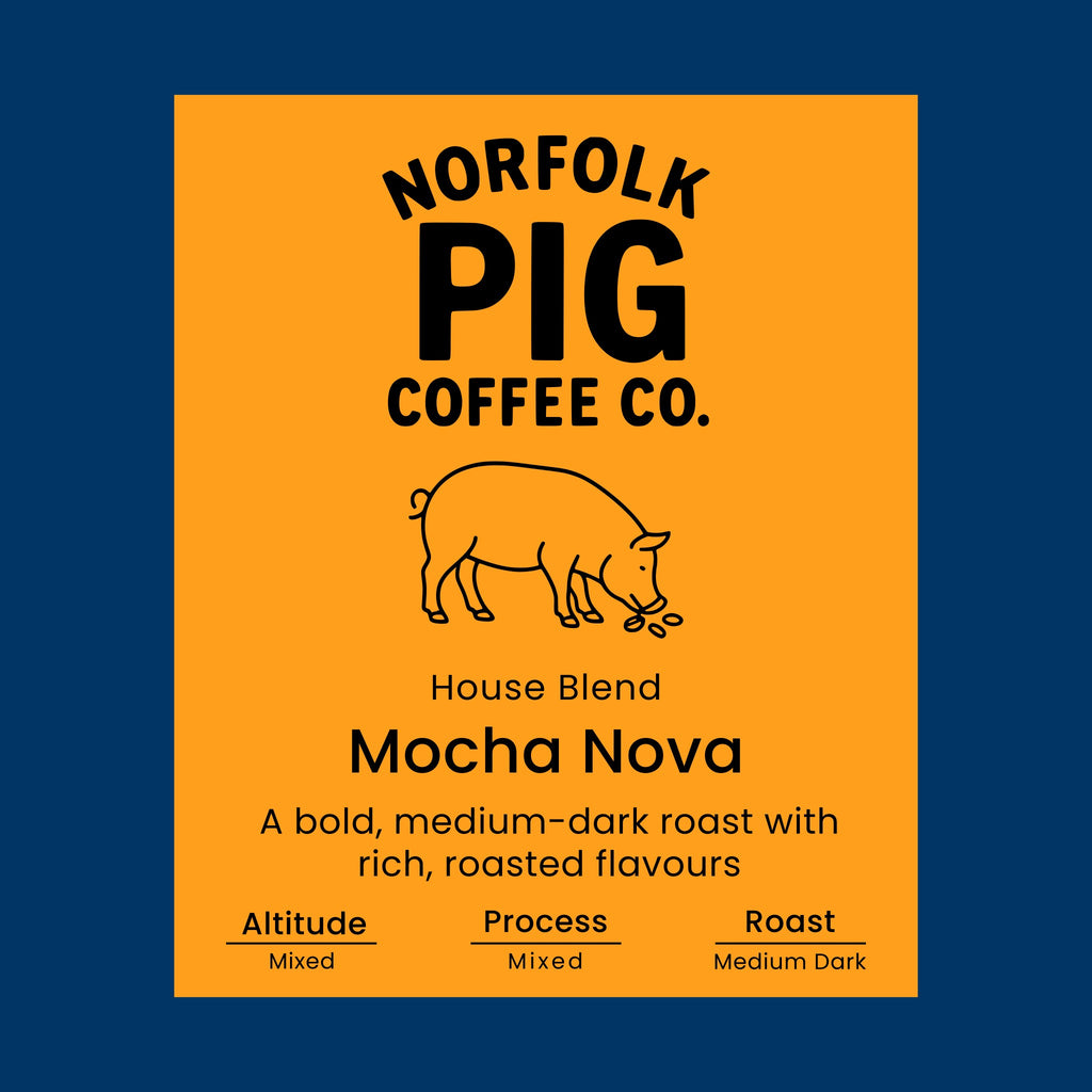 Coffee label for 'House Blend Continental Smooth' from Norfolk Pig Coffee Co.
