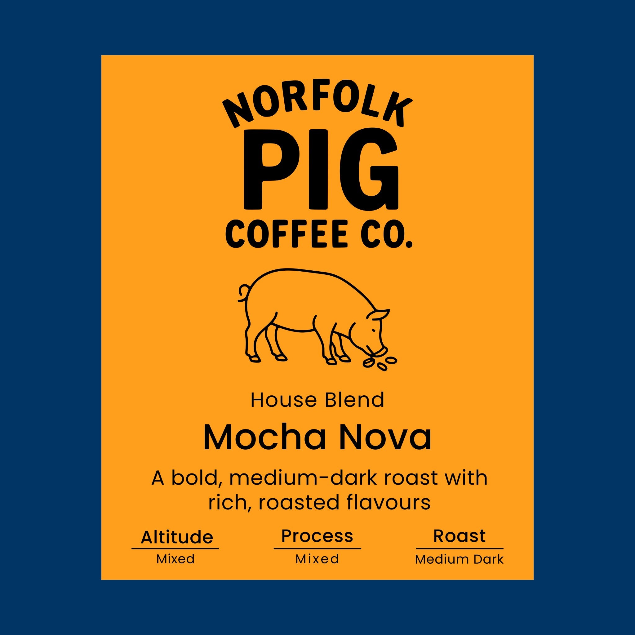 Coffee label for 'House Blend Continental Smooth' from Norfolk Pig Coffee Co.