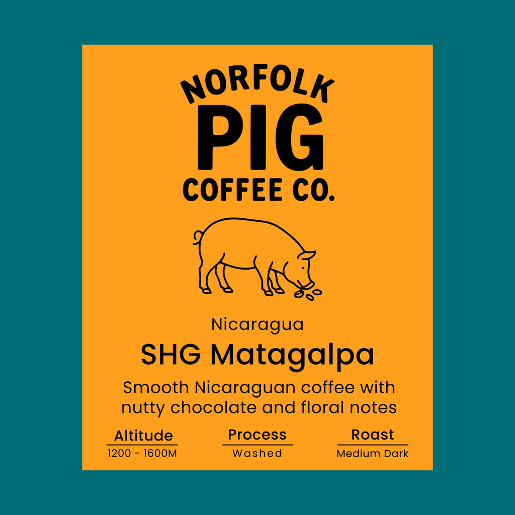 Nicaragua SHG Matagalpa coffee label from Norfolk Pig Coffee Co.