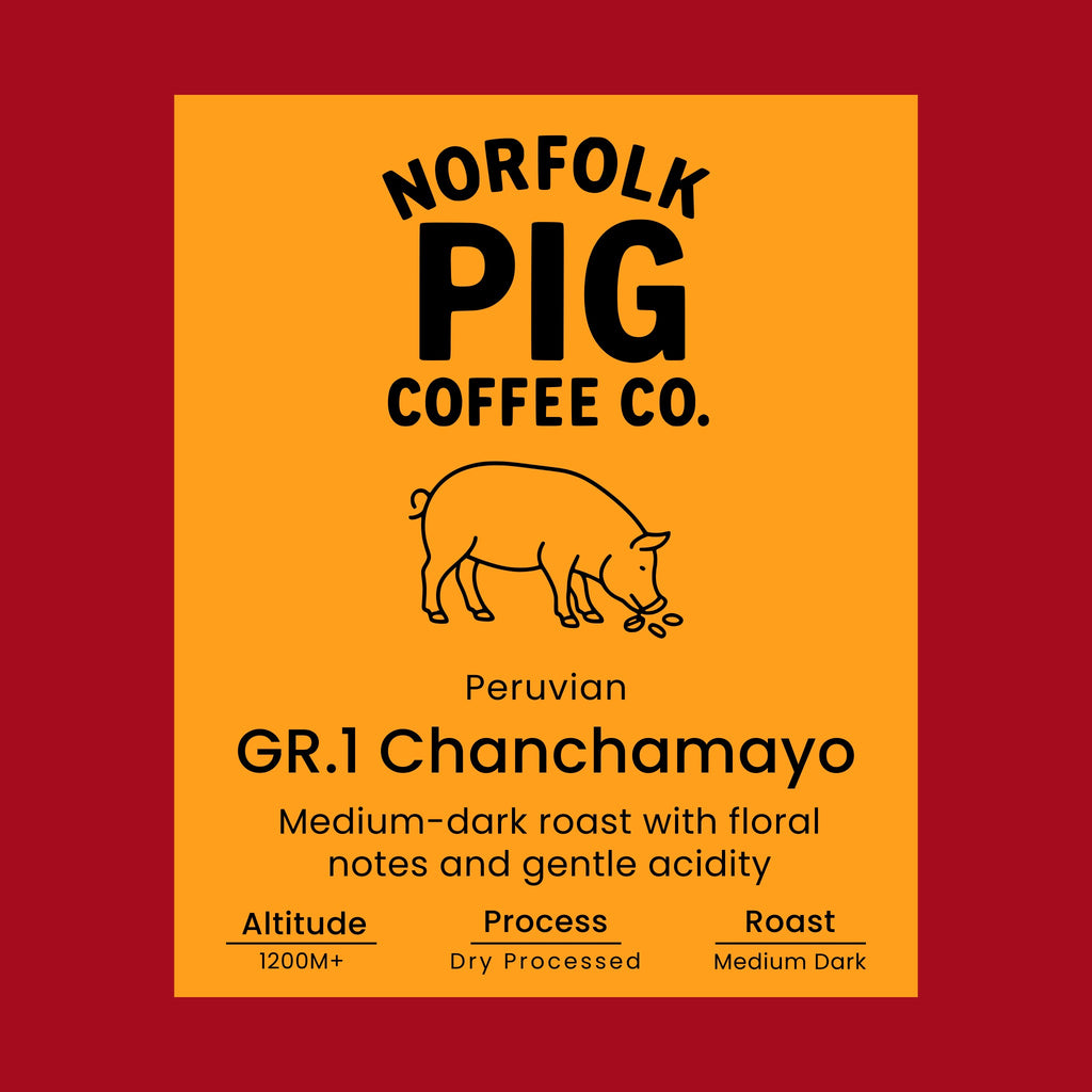 Peruvian Chanchamayo Grade 1 coffee label from Norfolk Pig Coffee Co.