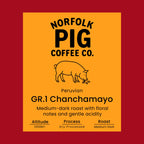 Peruvian Chanchamayo Grade 1 coffee label from Norfolk Pig Coffee Co.