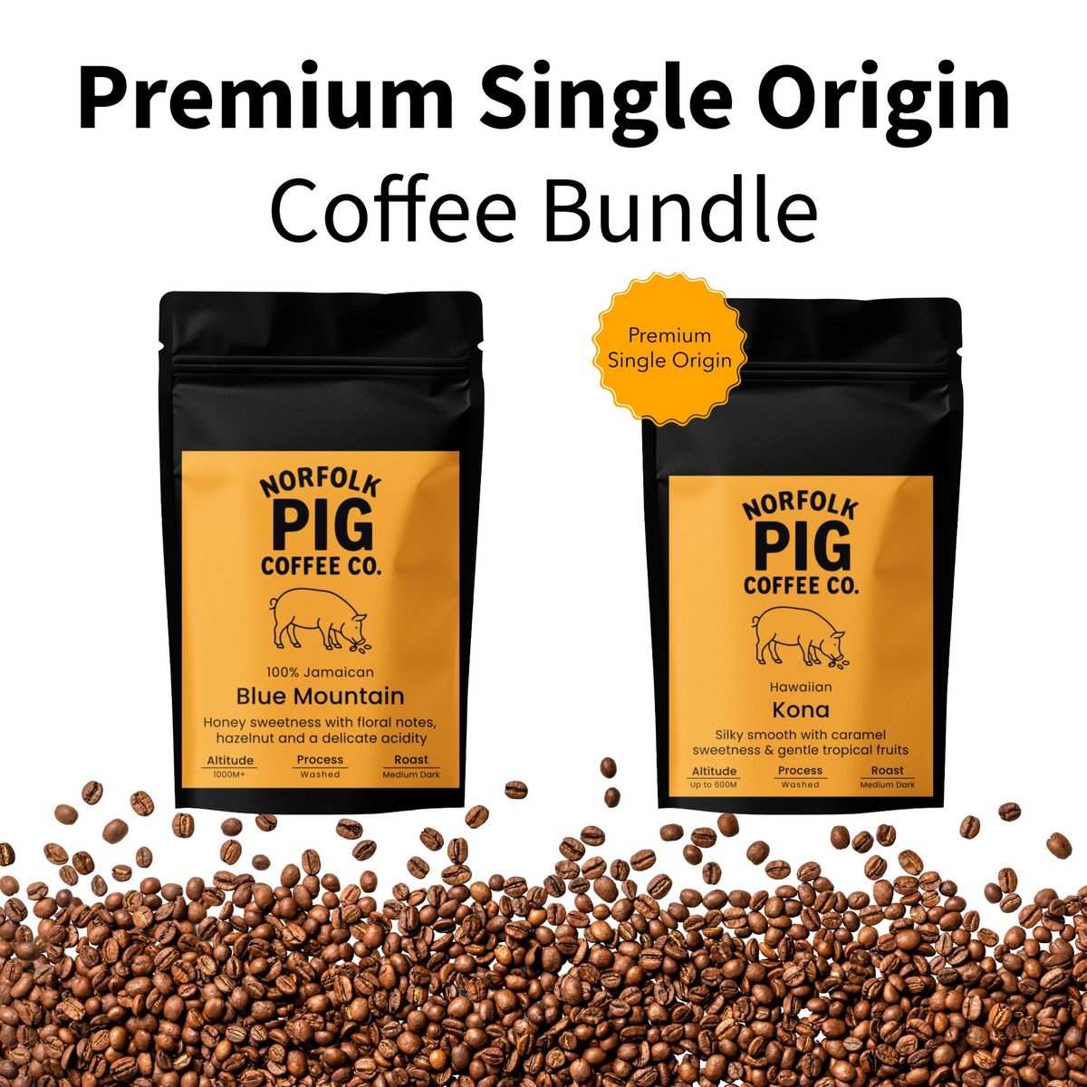 Two black coffee bags from Norfolk Pig Coffee Co. on a white background with a pile of coffee beans at the bottom.