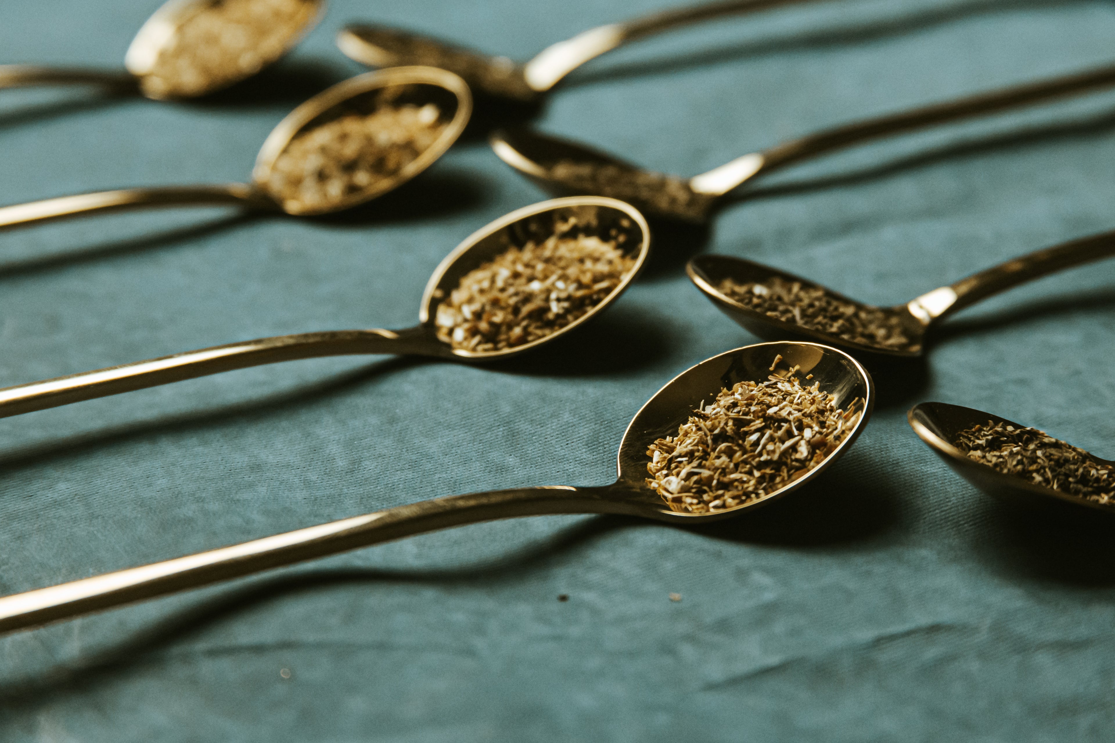 spoons lined up holding loose spices